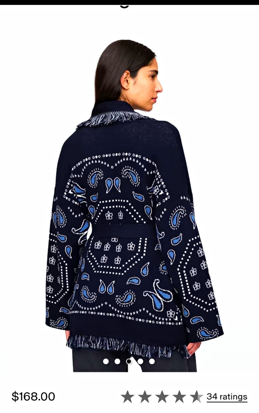 Gap Womens S Navy Blue Paisley Fringe Belted Open Front Shawl Cardigan